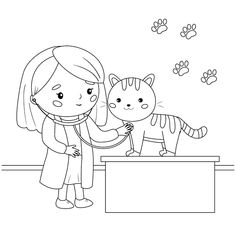 a girl is petting a cat at the veterinator's desk coloring page