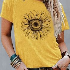 Lasaky - Womens Sunflower Print Crew Neck Short Sleeve T-Shirt: Stylish and Versatile Casual Every Day Top! Bodycon Evening Dress, Floral Print Shirt, Fashion Now, Sunflower Print, Short Sleeve Shirts, Loungewear Set, Cheap Fashion, Floral Print Shorts, Colorful Fashion