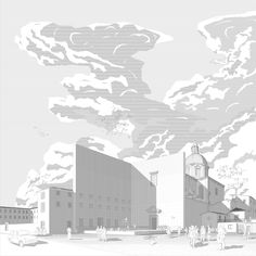 an architectural drawing of a building with clouds in the sky above it and people walking around