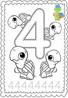 the number four coloring page for children with numbers 4 to 10 and two turtles