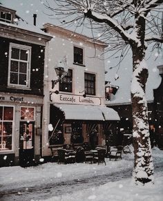 a snow covered street in front of a building with a sign that reads eccelle lumiee