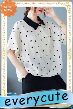 Artistic Retro Loose Polka-dot Blouse Polka Dot Collared Top For Spring, Summer Polka Dot Collared Blouse, Summer Polka Dot Collared Tops, Polka Dot Collared Summer Tops, Casual Polka Dot Collared Blouse, Casual Collared Blouse With Polka Dot Pattern, Casual Collared Blouse In Polka Dot, Spring Polka Dot Blouse With Collar, Polka Dot Blouse