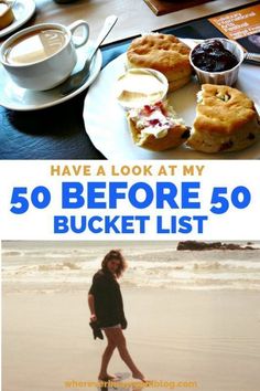 there is a woman walking on the beach next to some food and coffees, with text overlay that reads have a look at my 50 before 50 bucket list