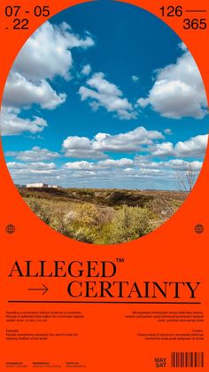 an orange poster with clouds in the sky