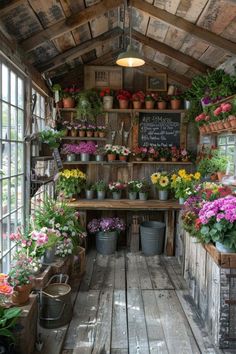 the inside of a greenhouse with potted plants and flowers on shelves, hanging from the ceiling