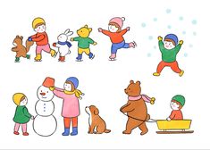 an image of children playing in the snow with their dogs and teddy bears on a sled