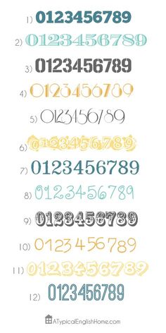 the numbers are arranged in different colors and sizes, including one for each letter on the bottom