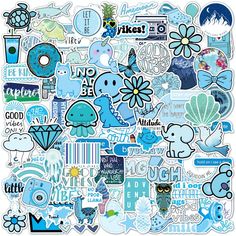 an assortment of blue stickers on a white background