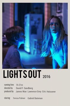 the poster for lights out shows two young people in front of a blue neon light