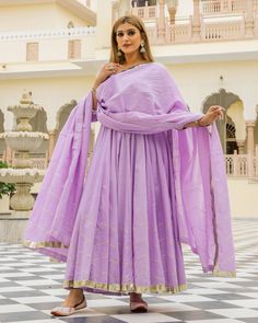 Dress Set Anarkali Style - Amba - www.riafashions.com Lavender Suits For Women Indian, Lavender Suits For Women, Work On Sleeves, Lavender Suit, Lavender Care, Suits For Women Indian, Gotta Work, Cotton Dupatta, Long Frocks