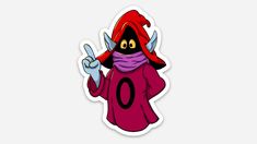 a sticker with an image of a cartoon character wearing a red cape and purple scarf