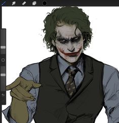 a drawing of the joker pointing to his left hand and wearing a suit with a tie