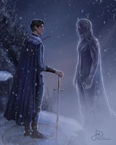 two people standing in the snow with one holding a cane and looking at another man