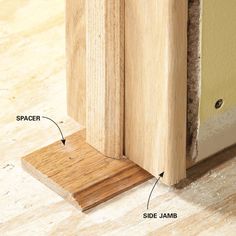 the corner of a wooden door is shown with holes in it and labeled on side jamb