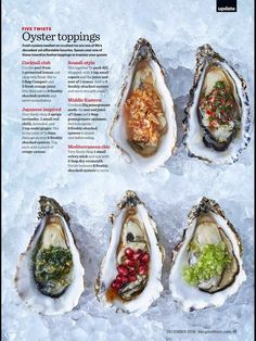 oysters on an ice - covered surface with different types of toppings in them