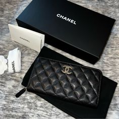 Brand New 100% Authentic Comes With Original Packaging. Pink Inside. 4.1 7.6 0.8 In Ships Same Or Next Day! Luxury Textured Leather Wallets, Luxury Black Wallet For Gift, Luxury Black Wallets For Daily Use, Designer Leather Wallet, Chanel Long Wallet, Leather Book Covers, Chanel Camellia, Fabric Wallet, Chanel Logo