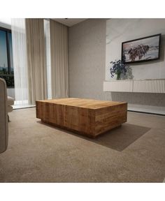 a living room with a large wooden coffee table