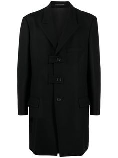 black wool peak lapels front button fastening shoulder pads long sleeves buttoned cuffs chest welt pocket two front flap pockets English rear vents full lining Wool Coat Black, Single Breasted Coat, Avant Garde Fashion, Coat Black, Yohji Yamamoto, Mens Outerwear, Outerwear Coats, Black Wool, Black Coat