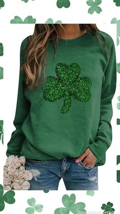 Women’s Shamrock Crew Neck Long Sleeve Shirt Casual Tunic Pullover Clover St Patrick's Day Loose Fit Sweatshirts. #shamrock #sweatshirt #pullover #stpatricksday #fashion #clover #glitter #cozy #soft #casual Casual Tunics, Winter Pullover, Lucky Clover, Self Design, Saint Patrick, Kimono Fashion, Sleeves Pattern, Pullover Sweatshirts