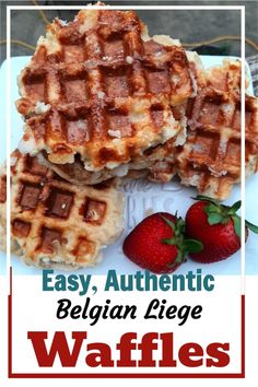 waffles are stacked on top of each other with the words easy, authentic belgian ledge waffles