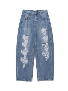 This is a comfortable denim pants that is made out of high quality cotton 100% fabric. With design detail of curved silhouette, damaged details, and metal cantons, it gives a comfortable and trendy mood. - Curved pattern design- Natural damaged detail- Metal cantons- Unisex item Blue Ripped Cotton Cargo Jeans, Ripped Denim Blue Cotton Pants, Baggy Ripped Denim Blue Cargo Jeans, Light Wash Ripped Cotton Pants, Baggy Medium Wash Ripped Bottoms, Baggy Ripped Medium Wash Bottoms, Baggy Ripped Denim Blue Bottoms, Blue Distressed Cropped Jeans With Relaxed Fit, Ripped Denim Blue Cotton Cropped Jeans