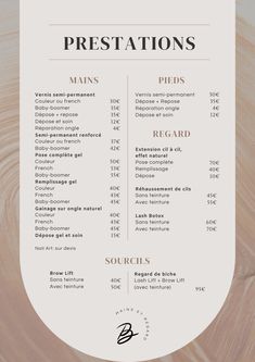 a menu with the words, presentations and instructions on it in white paper next to a wooden