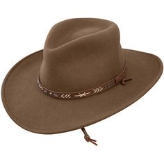 The Santa Fe Outdoor Hat is constructed of crushable wool felt and features a pinch front crown, interior dri-lex sweatband and studded leather hat band. Wool Felt Made in U.S.A. Brim: 3 1/4" Crown: 4" Water and Weather Resistent Outdoor Collection Driftwood Color Brown Leather Hat, Trending Hats, Outdoor Hat, Rancher Hat, Stetson Hat, Leather Hat, Outdoor Hats, Western Hats, Leather Hats