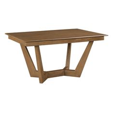 a wooden table with two intersecting legs and a square shape on the top, against a white background