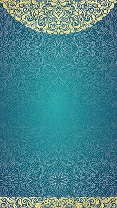 an ornate blue and gold background with swirly designs on the edges, in shades of green