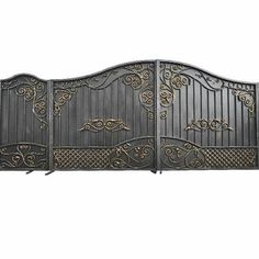 an iron gate with decorative designs on the top and bottom panel, set against a white background