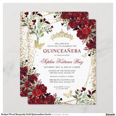 a red and gold wedding card with roses on the front, surrounded by confetti