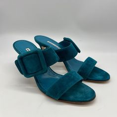 These Hard To Find Suede Heels Are A Definite Stand-Out Piece! Gable Sandals Color: Turquoise 2.5 Inch Heel Eu Size 39.5 Hand Made In Italy Comes With Box And Dust Bag! Designer Blue Sandals For Formal Occasions, Luxury Blue Sandals For Cocktail, Designer Blue Formal Sandals, Blahnik Shoes, Manolo Blahnik Shoes, Sandal Heels, Color Turquoise, 5 Inch Heels, Suede Heels