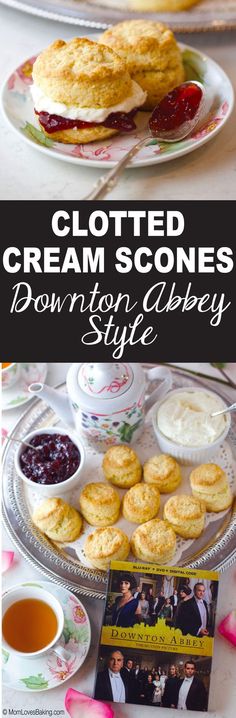 cream scones on a plate with butter and jelly in the middle, next to other desserts