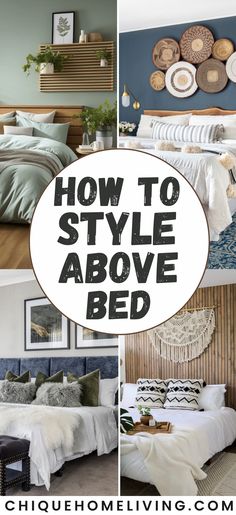 a collage of photos with the words how to style above bed