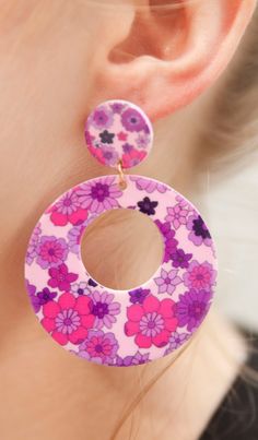 60s Chunky Pink and Purple Pop Flower Hoop Earrings – Relic828 Vintage Purple Flower Earrings, Vintage Pink Earrings For Spring, Pink Retro Earrings For Spring, Pink Vintage Earrings For Spring, Pink Hoop Flower Earrings For Spring, Pink Flower Hoop Earrings For Spring, Trendy Pink Flower Hoop Earrings, Retro Spring Flower Earrings, Pink Retro Jewelry For Spring