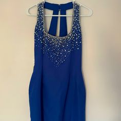 Nadine Vintage Cocktail Formal Fancy Party Dress Mini Dress - Flattering Fit Blue With Silver Sequined Diamonds Size 10 But Seems To Have Been Altered Laying Flat 14.5 Inch Waist 18 Inch Armpit Great If Not Brand New Condition - Does Have Extra Sequins And The Tags Attached Fitted Royal Blue Dress For Festive Occasions, Formal Blue Embellished Mini Dress, Blue Evening Dress For Festive Occasions, Blue Festive Evening Dress For Prom, Festive Blue Evening Dress For Prom, Festive Blue Prom Evening Dress, Festive Blue Party Dress, Embellished Royal Blue Dress For Party, Elegant Blue Mini Dress For Holidays