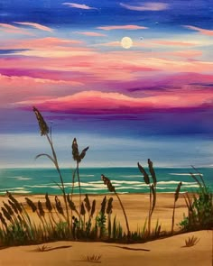 a painting of the beach at sunset with sea oats