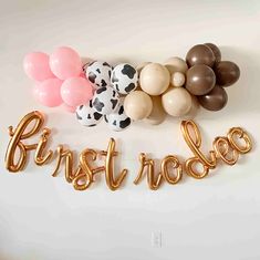 first rodeo garland kit in pink, brown, beige and cow print Boho Rodeo Birthday Party, My First Rodeo Birthday Balloon Arch, First Rodeo Cake Pops, First Rodeo Balloon Garland, Baby Girl First Rodeo Birthday, My First Rodeo Birthday Girl Decor, Girl First Rodeo Birthday, My First Rodeo Balloon Garland, Cowgirl First Birthday