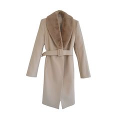 Elegant Winter Fur Coat, Elegant Solid Color Fur Coat For Winter, Elegant Fur Coat With Faux Fur Trim For Fall, Elegant Fall Fur Coat With Faux Fur Trim, Elegant Beige Belted Outerwear, Chic Fur Coat With Faux Fur Trim, Elegant Long Faux Fur Coat, Elegant Cream Fur Coat With Faux Fur Trim, Elegant Faux Fur Outerwear For Work