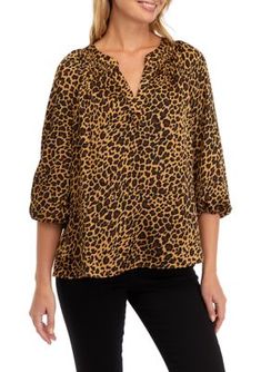 This stylish peasant top from Crown & Ivy boasts a daring leopard print. | Crown & Ivy Women's 3/4 Sleeve Leopard Print Peasant Top, Tan, X-Large Leopard Print Tops With Relaxed Fit For Fall, Leopard Print Top With Relaxed Fit For Fall, Leopard Print Relaxed Fit Top For Fall, Leopard Print Blouse For Fall, Leopard Print Tops For Spring, Leopard Print Relaxed Fit Top For Spring, Relaxed Fit Split Neck Top For Fall, Fall Split Neck Top With Relaxed Fit, Fall Relaxed Fit Split Neck Top