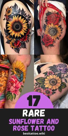 sunflowers and roses tattoo on the side of a woman's thigh with text overlay