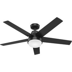 a black ceiling fan with a light on the top and two blades attached to it