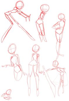 some sketches of people with different poses and body shapes, one is drawn in red pencil