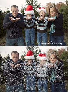 two pictures of people wearing santa hats and holding hands in front of their faces while snow falls on them