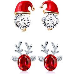 three pairs of earrings with santa claus's hat on top and reindeer nose ring