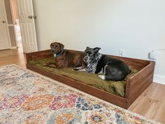 two dogs sitting on a dog bed in the middle of a room with hardwood floors