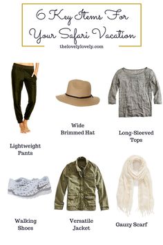 the ultimate travel packing guide for your safari vacation with text overlay that reads 8 key items for your safari vacation