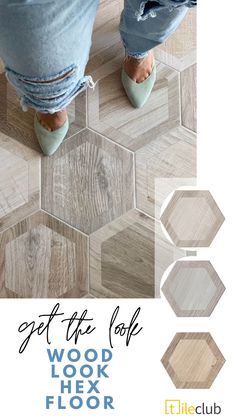 the wood look floor is shown with different colors and patterns, including hexagonal tiles