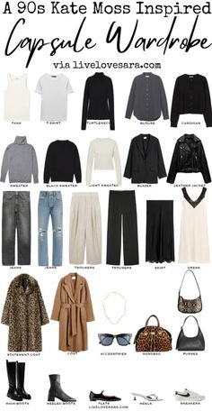 Tank Top | T-shirt | Turtleneck | Silk Blouse | Cardigan | Grey Sweater | Black Sweater | White Sweater | Blazer | Leather Jacket | Grey Jeans | Blue Jeans | White Trousers | Kate Moss Style 90s, Kate Moss 90s Style, 90s Kate Moss, Kate Moss Outfit, Kate Moss Street Style, Outfit Suggestions, 90s Street Style, Kate Moss 90s, Moss Fashion