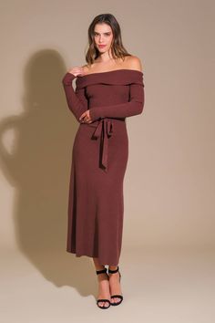 A ribbed sweater knit midi dress featuring off shoulder neckline, long sleeve, self-sash tie, and A-line skirt Details: Self: 50% Viscose 28% Polyester 22% Nylon Size & Fit - Model is 5`8" And Wearing Size Small- Measurements Taken From Size Small- Approx. Length: 50" Fall Off-shoulder Dress For Brunch, Off-shoulder Midi Dress For Brunch In Fall, Ribbed Dress For Date Night In Fall, Fall Midi Length Sweater Dress For Date Night, Fall Midi Sweater Dress For Date Night, Fall Date Night Midi Sweater Dress, Fall Long Sleeve Midi Dress For Brunch, Winter Off-shoulder Midi Dress For Date Night, Fall Brunch Long Sleeve Midi Dress